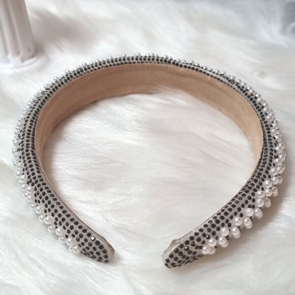 New PEARL BLACK N WHITE BAROQUE HEADBAND padded geometric chevron - Picture 5 of 7